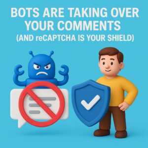 Vriendelijke 3D-robot die een schild vasthoudt om botspam in commentaarsecties tegen te houden