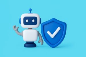 Minimalistische 3D-robot en blauw schild die een website beschermen tegen spamaanvallen